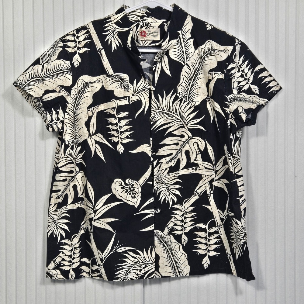 Hilo Hattie Mens Black Cream Tropical Palm Cotton Hawaiian Shirt Lrg Made in HI‎